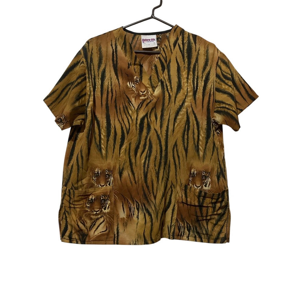 Uniform City Tiger Print Scrub Top V-Neck Medical Uniform Brown Black Medium